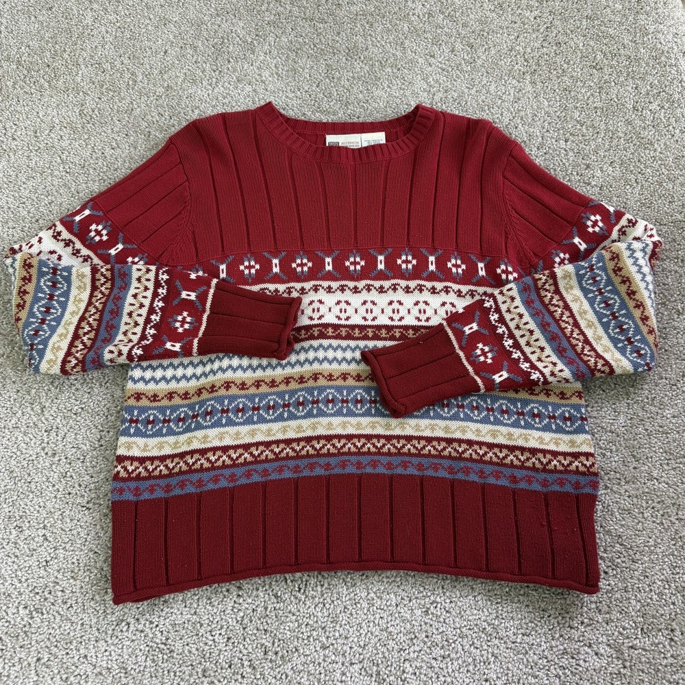 Y2K Faded Glory Sweater Womens XL Red Fair Isle Knit Crew Pullover Long Sleeve